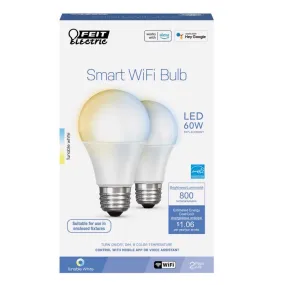 Feit A19 E26 (Medium) Smart-Enabled LED Bulb Adjustable White 60 Watt Equivalence 2 pk