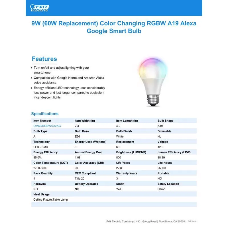 Feit Smart Home A19 E26 (Medium) Smart-Enabled LED Bulb Color Changing 60 Watt Equivalence 1 pk