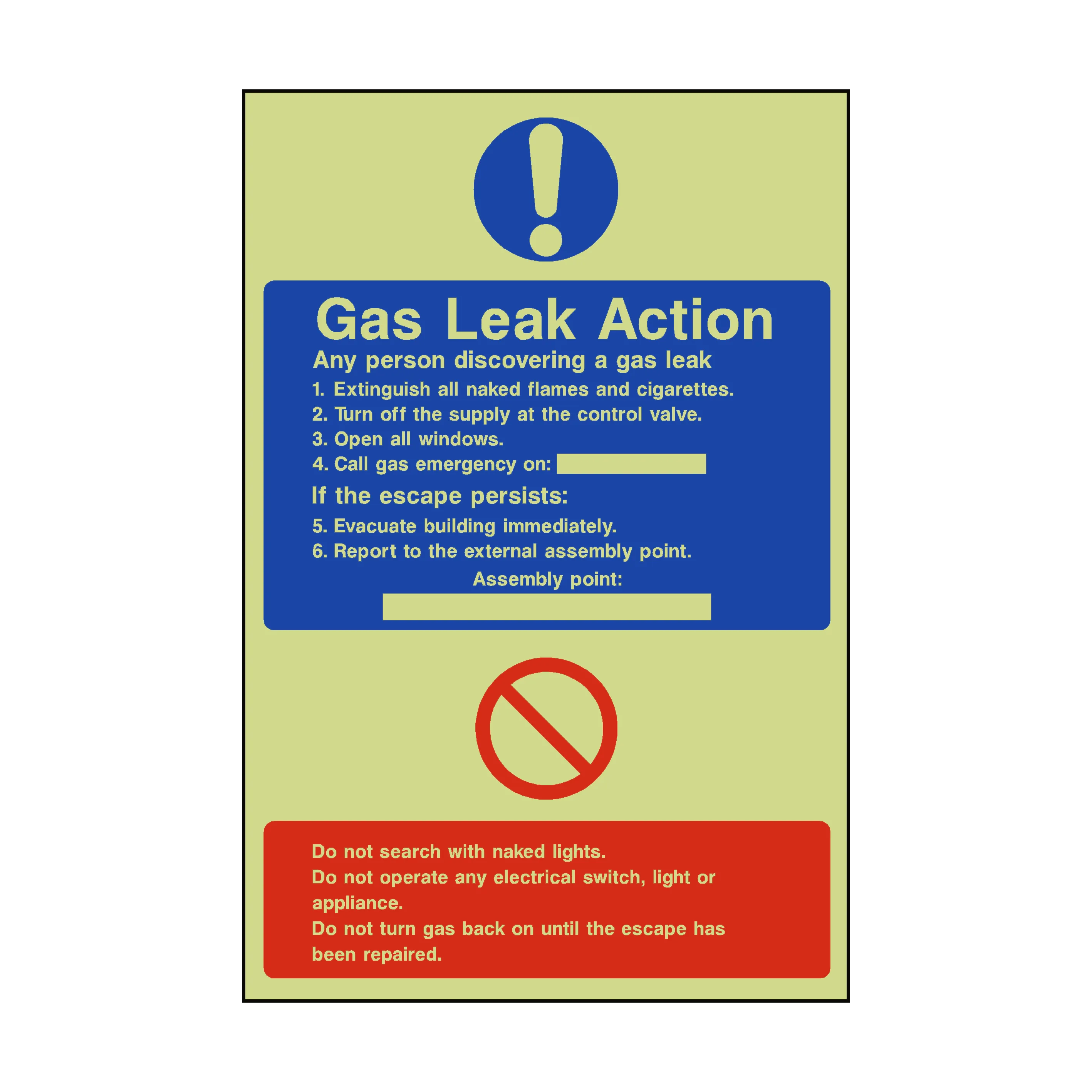 Fire Action Gas Leak Photoluminescent Sticker