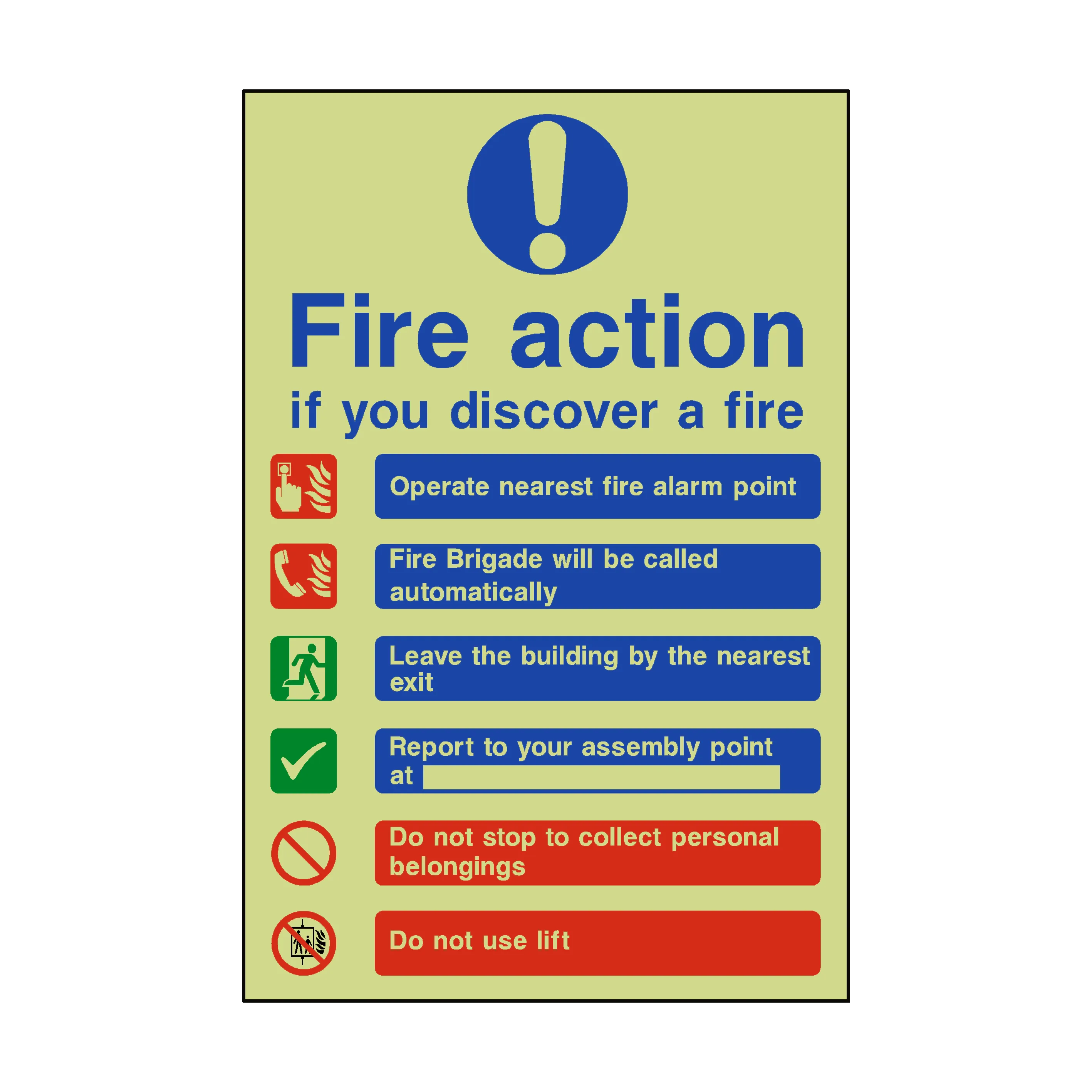 Fire Action Lift & Automatic Alarm Photoluminescent Sign