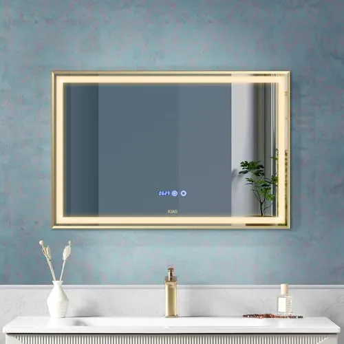 Fuao Premium HD Smart Mirror for Walls with Anti-Fog Function, Time-Temperature Display and Adjustable Brightness 3-Tone LED Lighting| 100% Silver Coating, Anodized Aluminium Frame Gold120*70CM