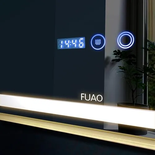 Fuao Premium HD Smart Mirror for Walls with Anti-Fog Function, Time-Temperature Display and Adjustable Brightness 3-Tone LED Lighting| 100% Silver Coating, Anodized Aluminium Frame Gold120*70CM