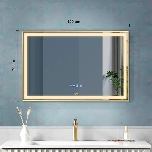 Fuao Premium HD Smart Mirror for Walls with Anti-Fog Function, Time-Temperature Display and Adjustable Brightness 3-Tone LED Lighting| 100% Silver Coating, Anodized Aluminium Frame Gold120*70CM