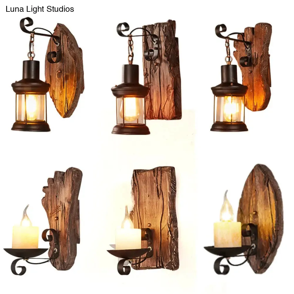 Geometric Country Style Wooden Wall Sconce - Brown Wall Light Fixture for Corridor