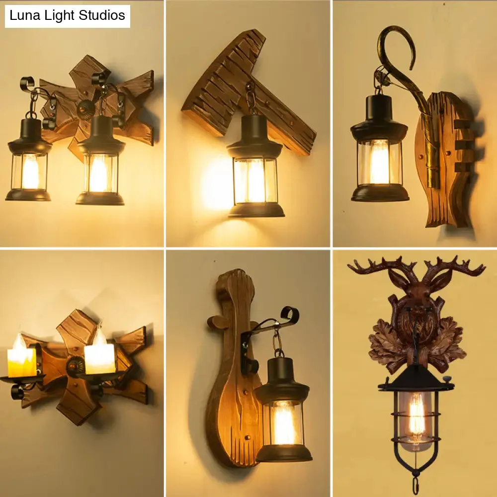 Geometric Country Style Wooden Wall Sconce - Brown Wall Light Fixture for Corridor