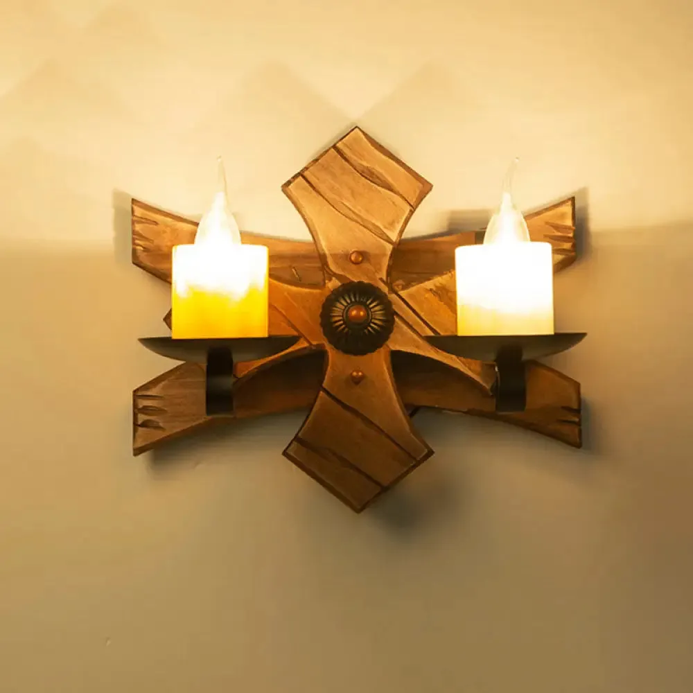 Geometric Country Style Wooden Wall Sconce - Brown Wall Light Fixture for Corridor