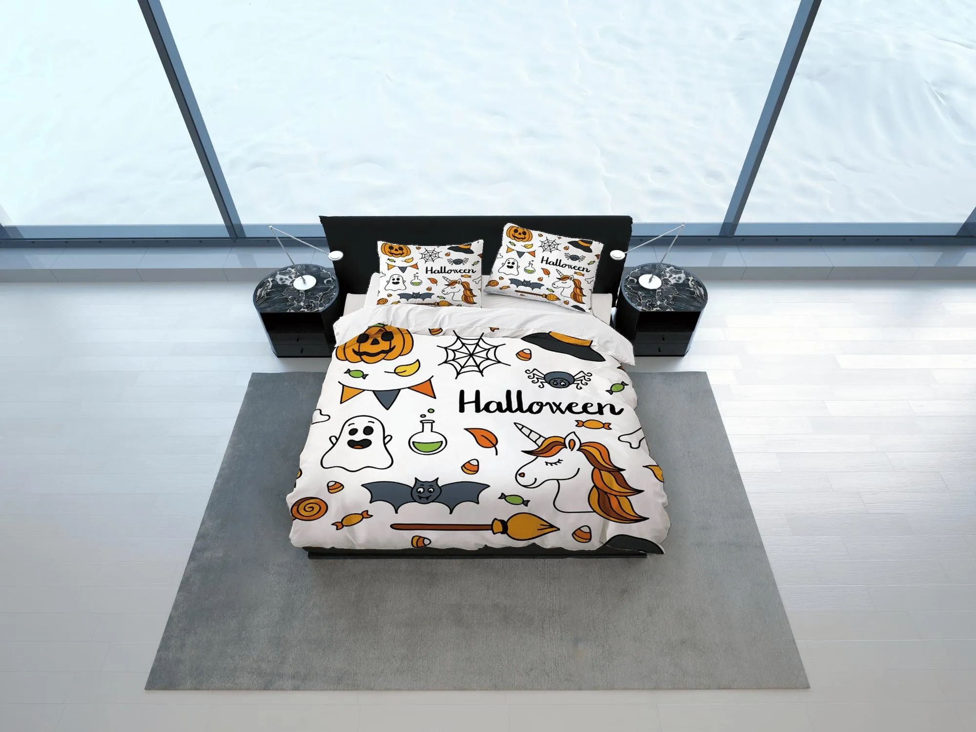 Ghost halloween unicorn pumpkin bedding & pillowcase, duvet cover set dorm bedding, halloween decor, nursery toddler bedding, halloween gift