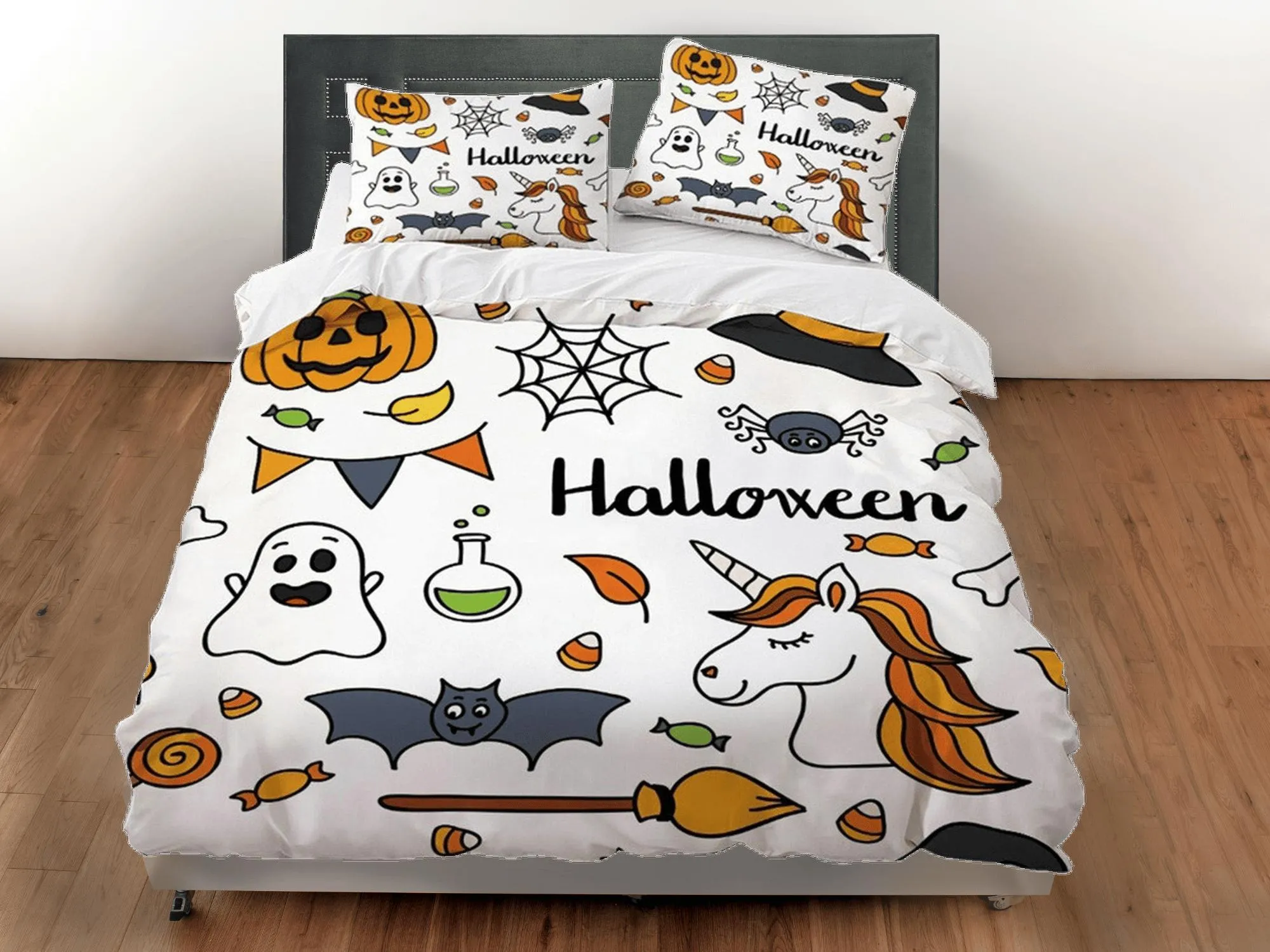 Ghost halloween unicorn pumpkin bedding & pillowcase, duvet cover set dorm bedding, halloween decor, nursery toddler bedding, halloween gift