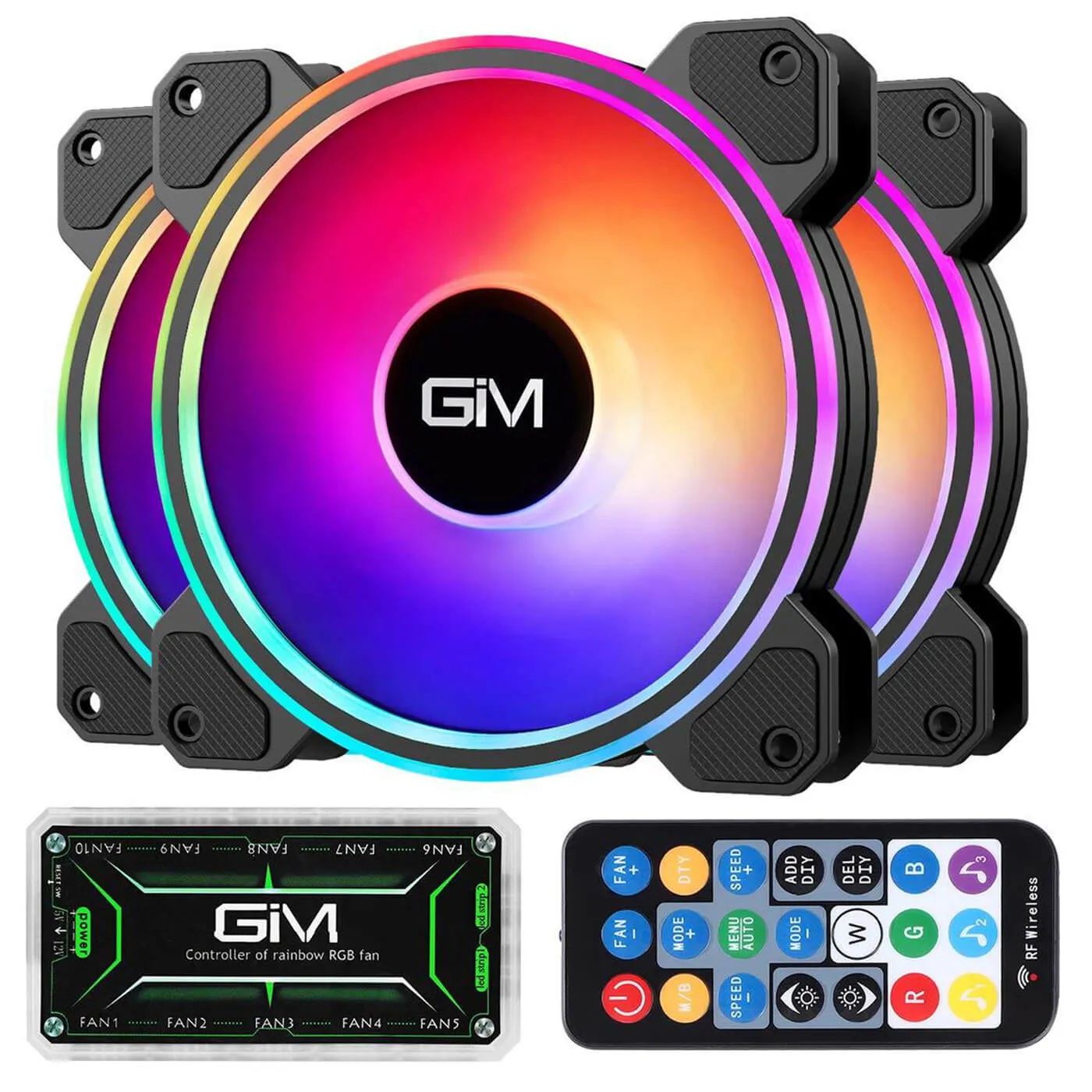 GIM KB-24 RGB Case Fans, 3 Pack 120mm Quiet Computer Cooling PC Fans, Music Rhythm 5V ARGB Addressable Motherboard SYNC/RC Controller with hub