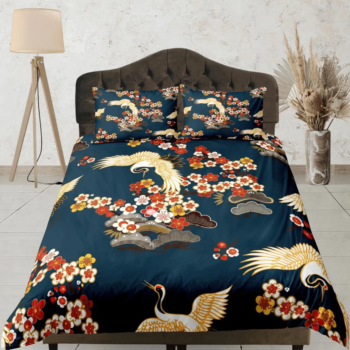 Green Duvet Cover Set Floral Bedspread Japanese Art Dorm Bedding with Pillowcase