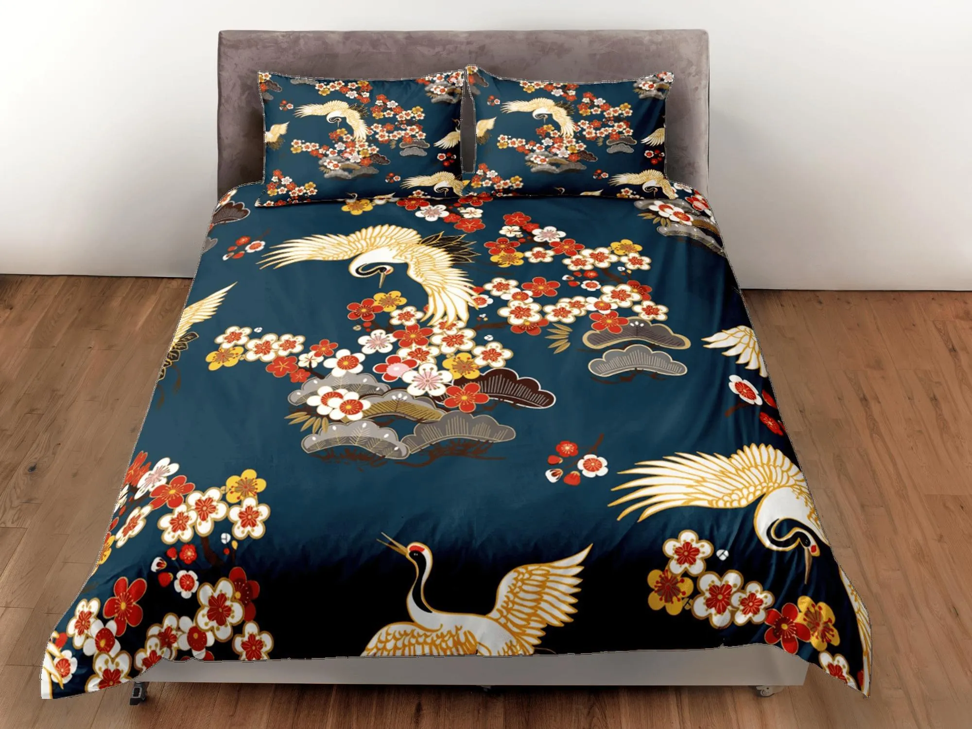 Green Duvet Cover Set Floral Bedspread Japanese Art Dorm Bedding with Pillowcase