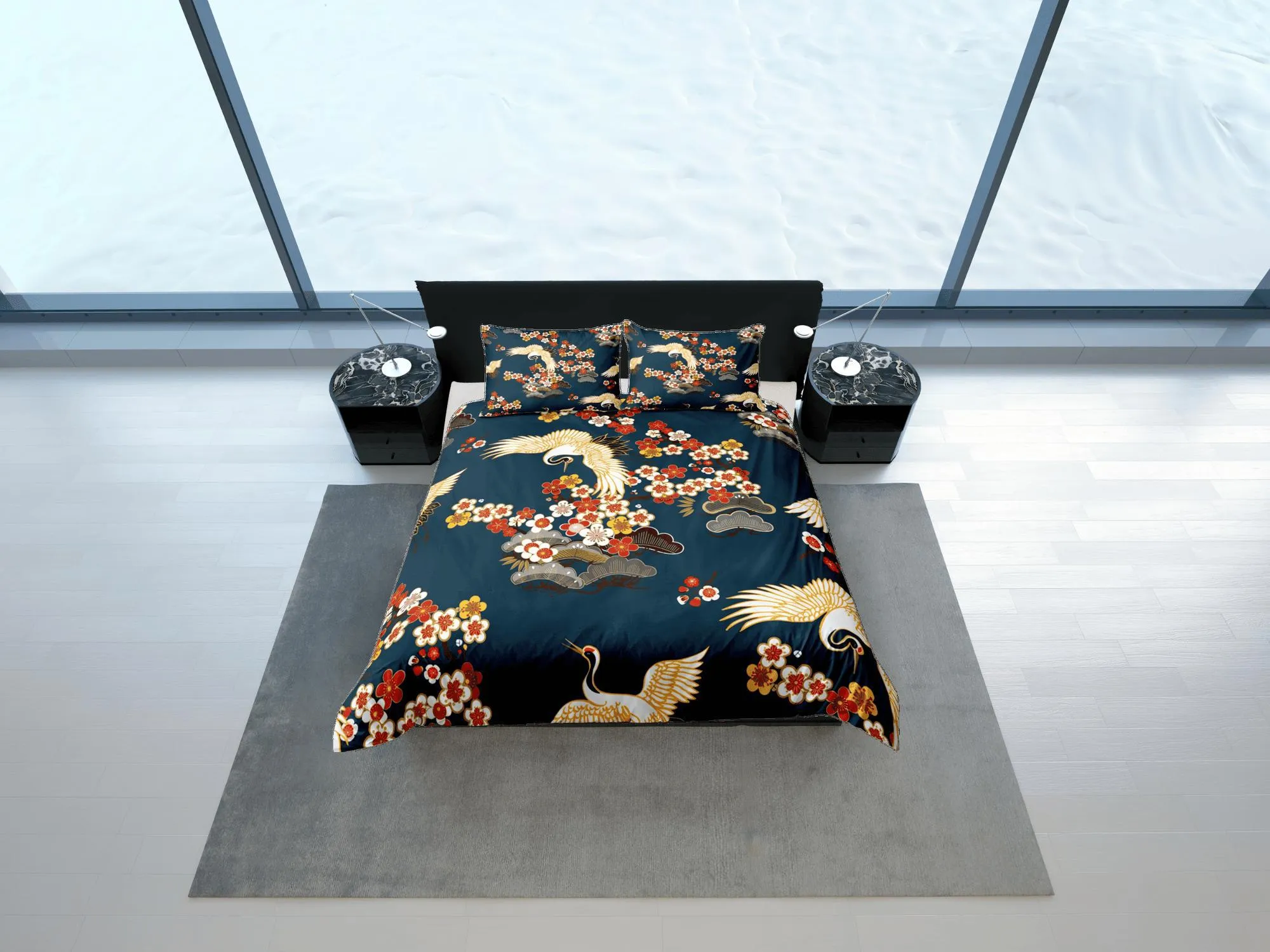 Green Duvet Cover Set Floral Bedspread Japanese Art Dorm Bedding with Pillowcase