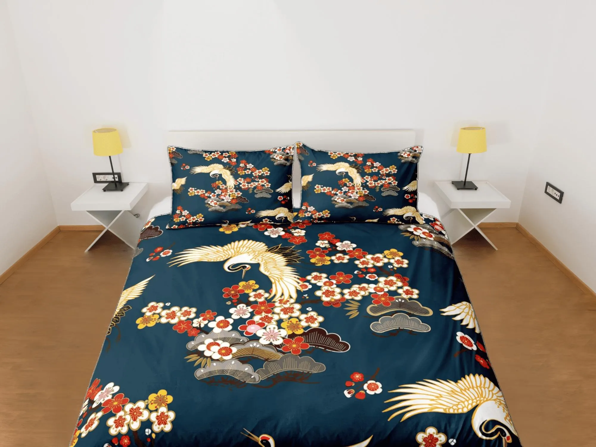 Green Duvet Cover Set Floral Bedspread Japanese Art Dorm Bedding with Pillowcase