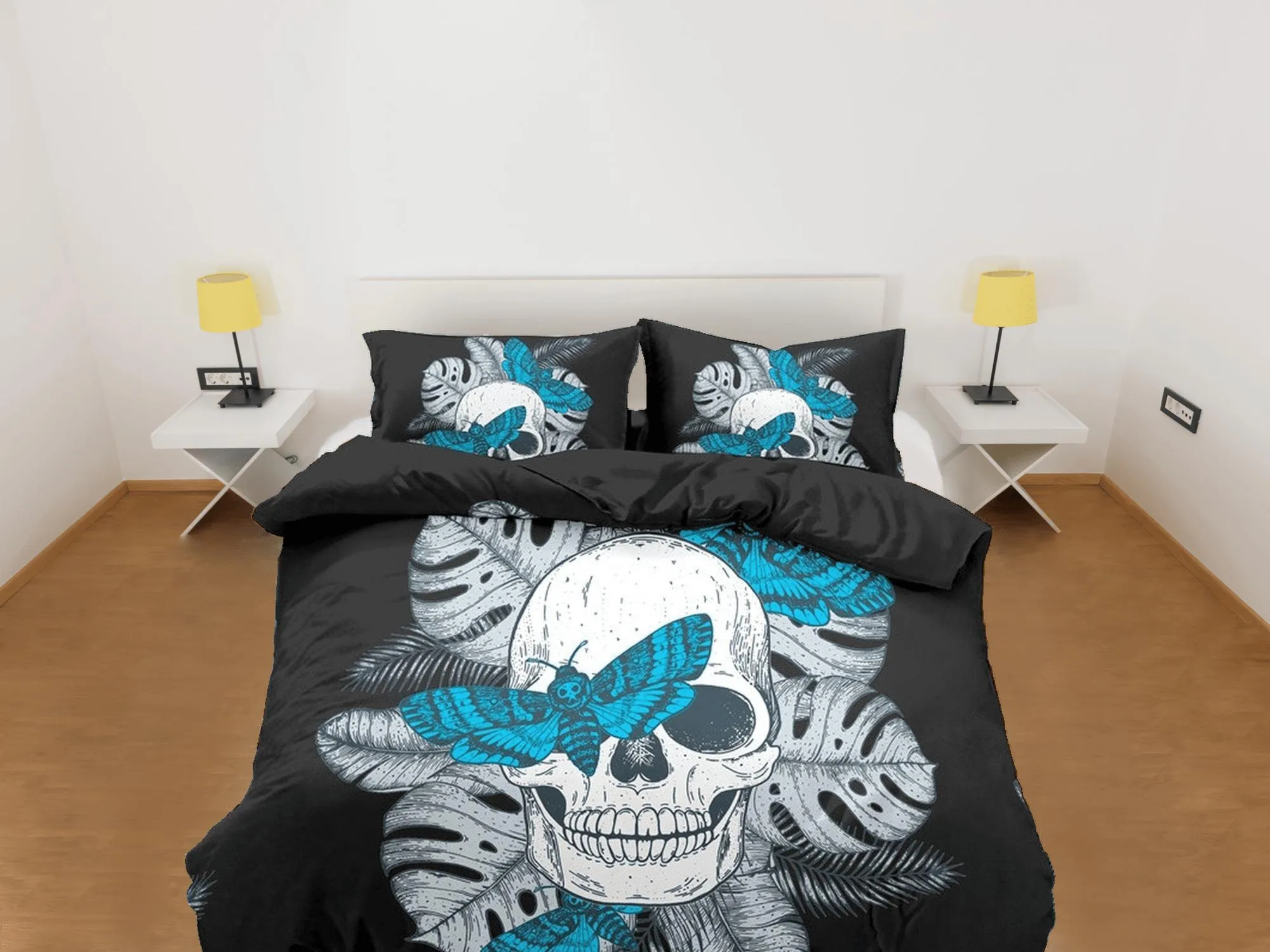 Halloween Bedding Skull & Moth Black Duvet Cover Set Bedspread, Dorm Bedding with Pillowcase, Halloween Gift Teens Kids Adults