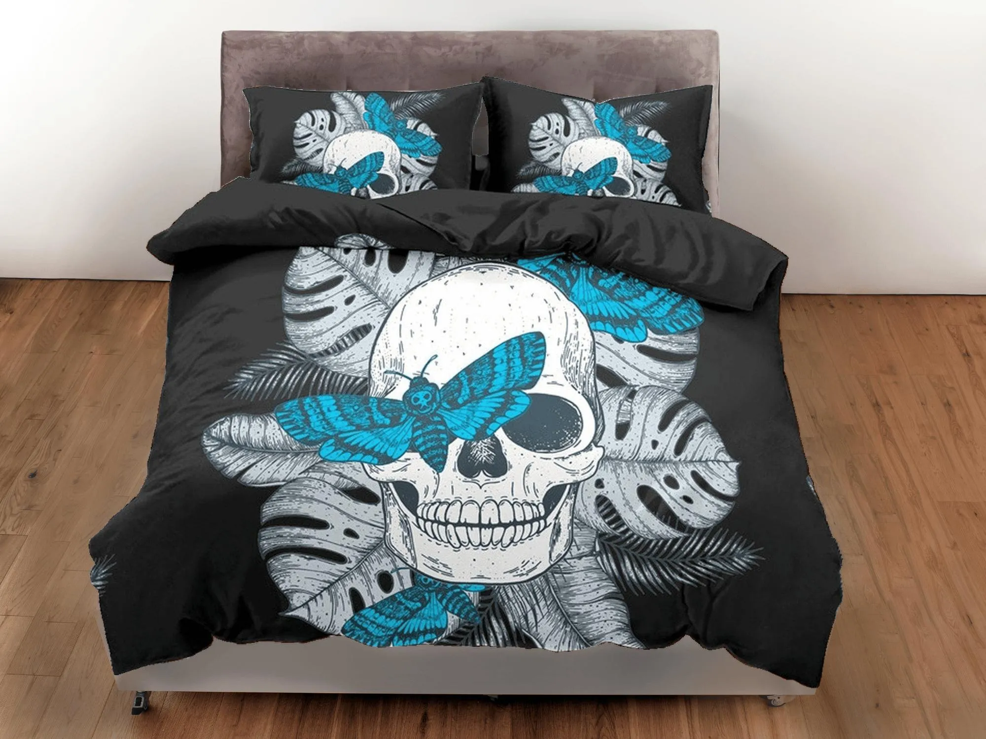 Halloween Bedding Skull & Moth Black Duvet Cover Set Bedspread, Dorm Bedding with Pillowcase, Halloween Gift Teens Kids Adults