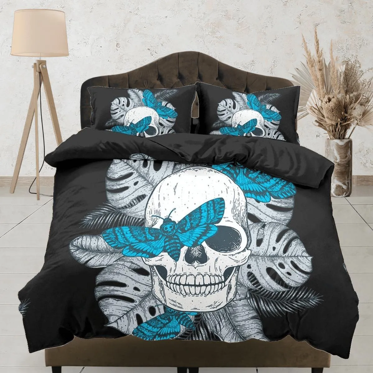 Halloween Bedding Skull & Moth Black Duvet Cover Set Bedspread, Dorm Bedding with Pillowcase, Halloween Gift Teens Kids Adults