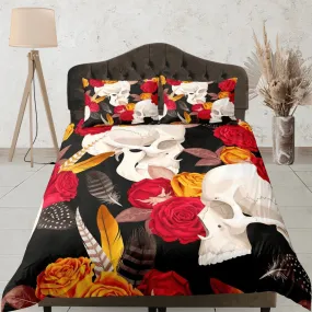 Halloween Bedding Skull and Roses Black Duvet Cover Set Gothic Bedspread Dorm Bedding with Pillowcase, Comforter Cover, Halloween Gift