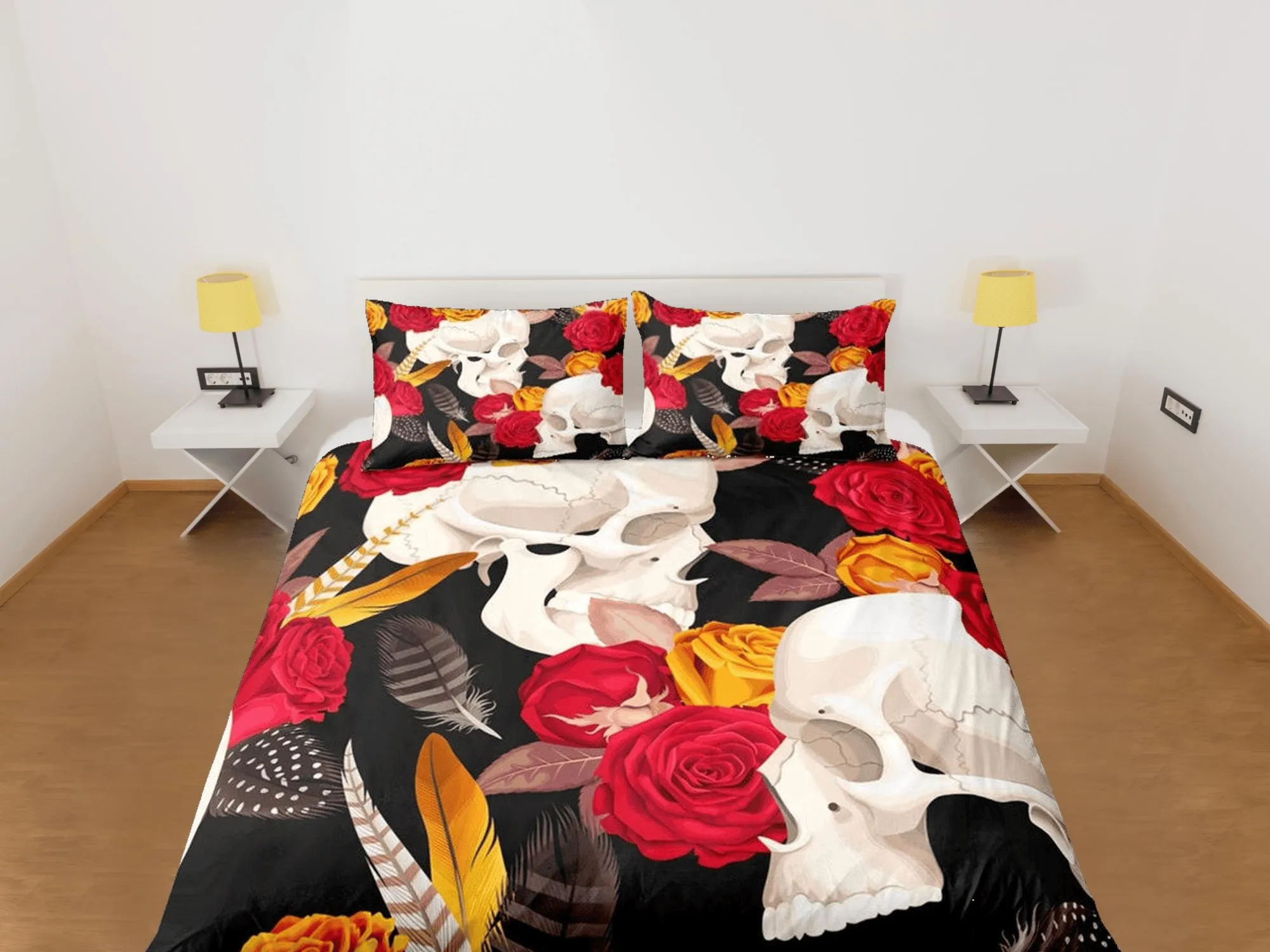 Halloween Bedding Skull and Roses Black Duvet Cover Set Gothic Bedspread Dorm Bedding with Pillowcase, Comforter Cover, Halloween Gift