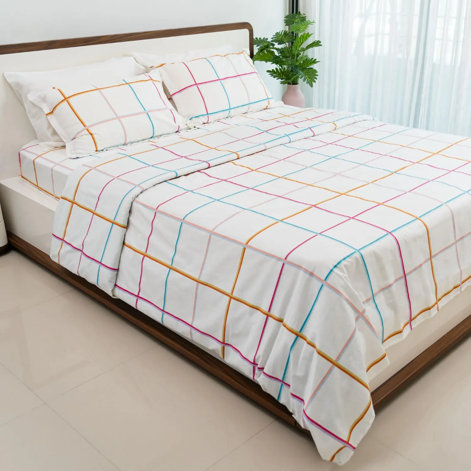 Haus & Kinder 100% Cotton Queen Size Bedsheet for Double Bed, 1 Cotton Bed Sheet Double Bed (90 X 100 Inches) with 2 Pillow Covers | 186 TC Bed Sheet Double Bed Cotton | Rainbow Checks