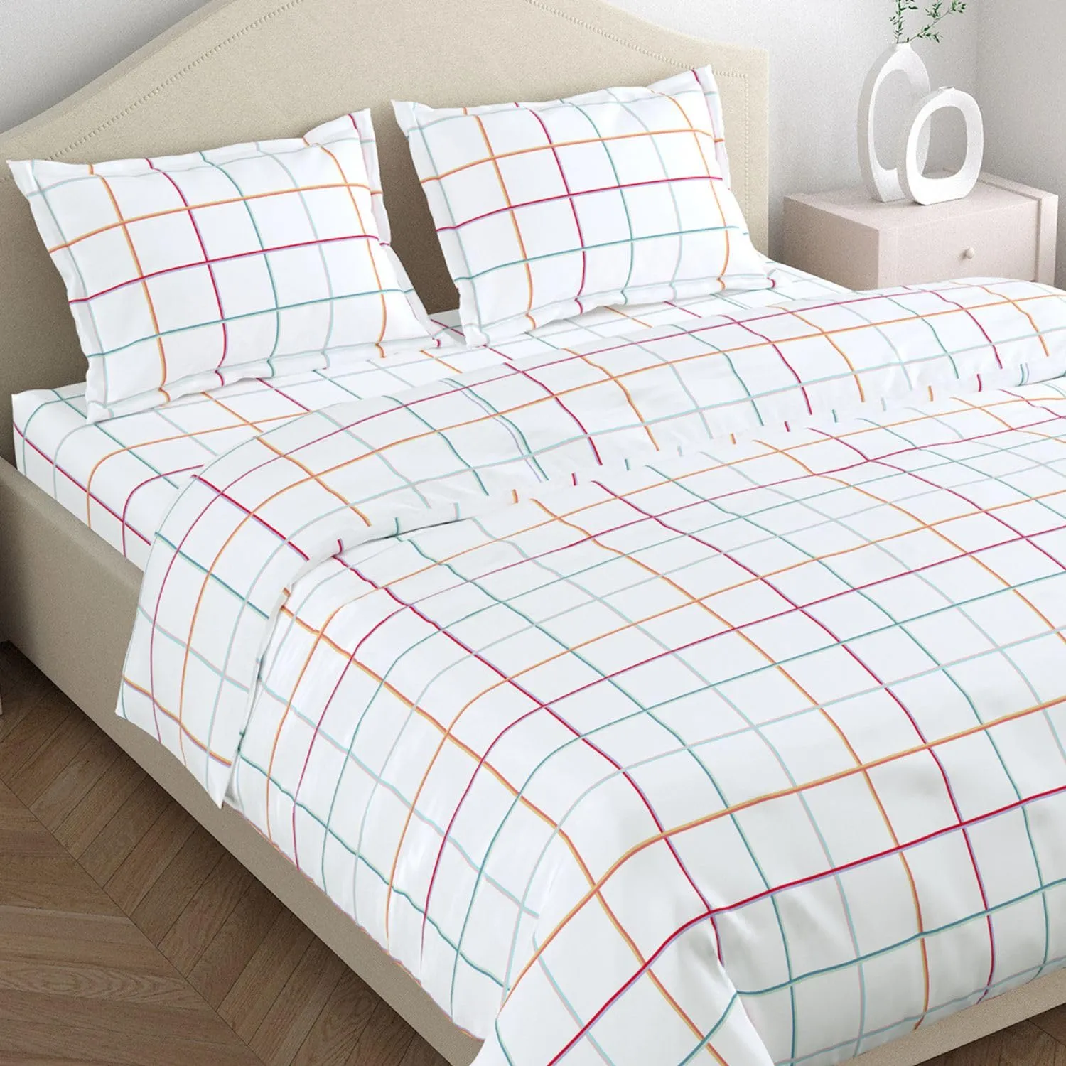 Haus & Kinder 100% Cotton Queen Size Bedsheet for Double Bed, 1 Cotton Bed Sheet Double Bed (90 X 100 Inches) with 2 Pillow Covers | 186 TC Bed Sheet Double Bed Cotton | Rainbow Checks