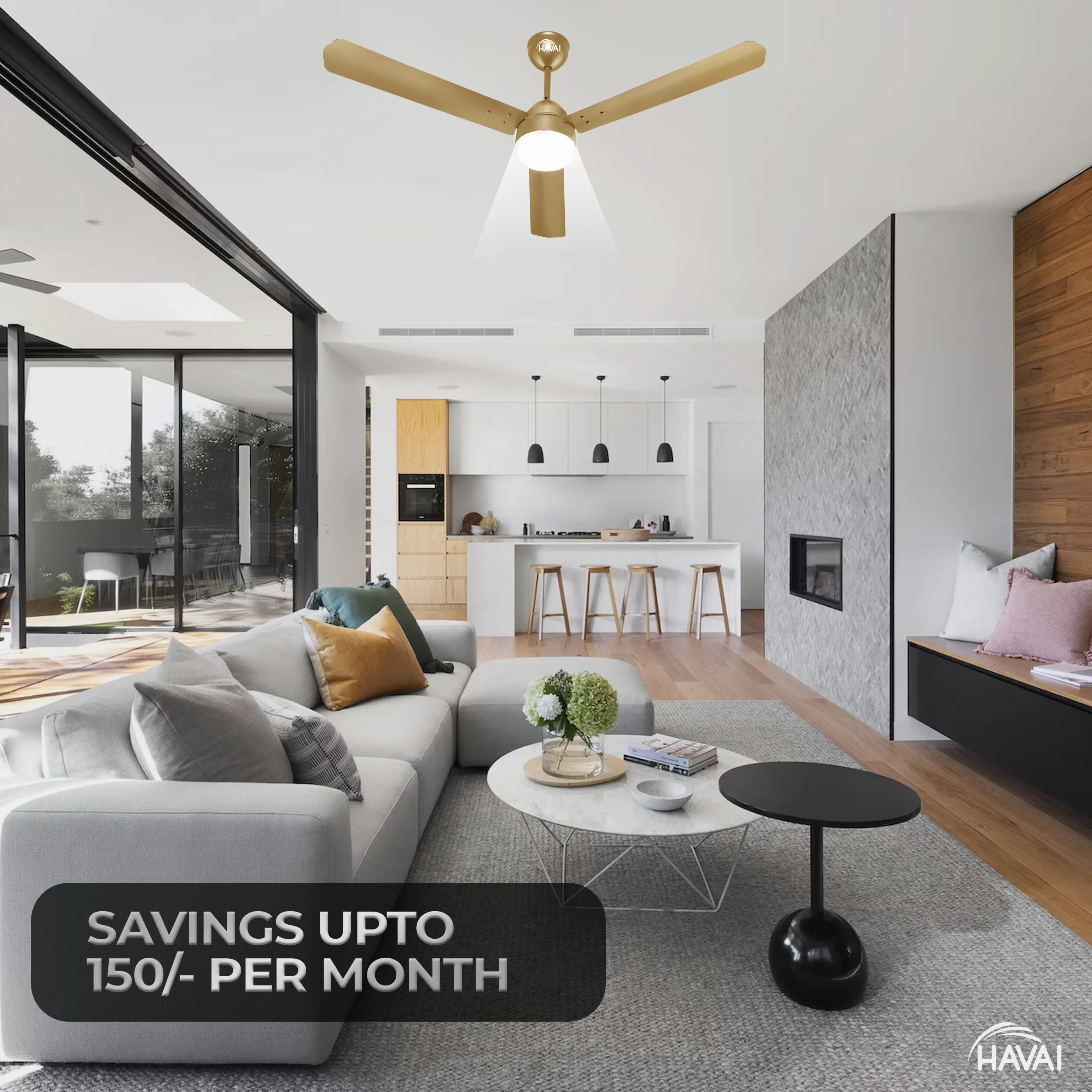 HAVAI Spinel BLDC Ceiling Fan 28W, 1200mm Blade with Remote - Champagne Yellow,9W LED Light