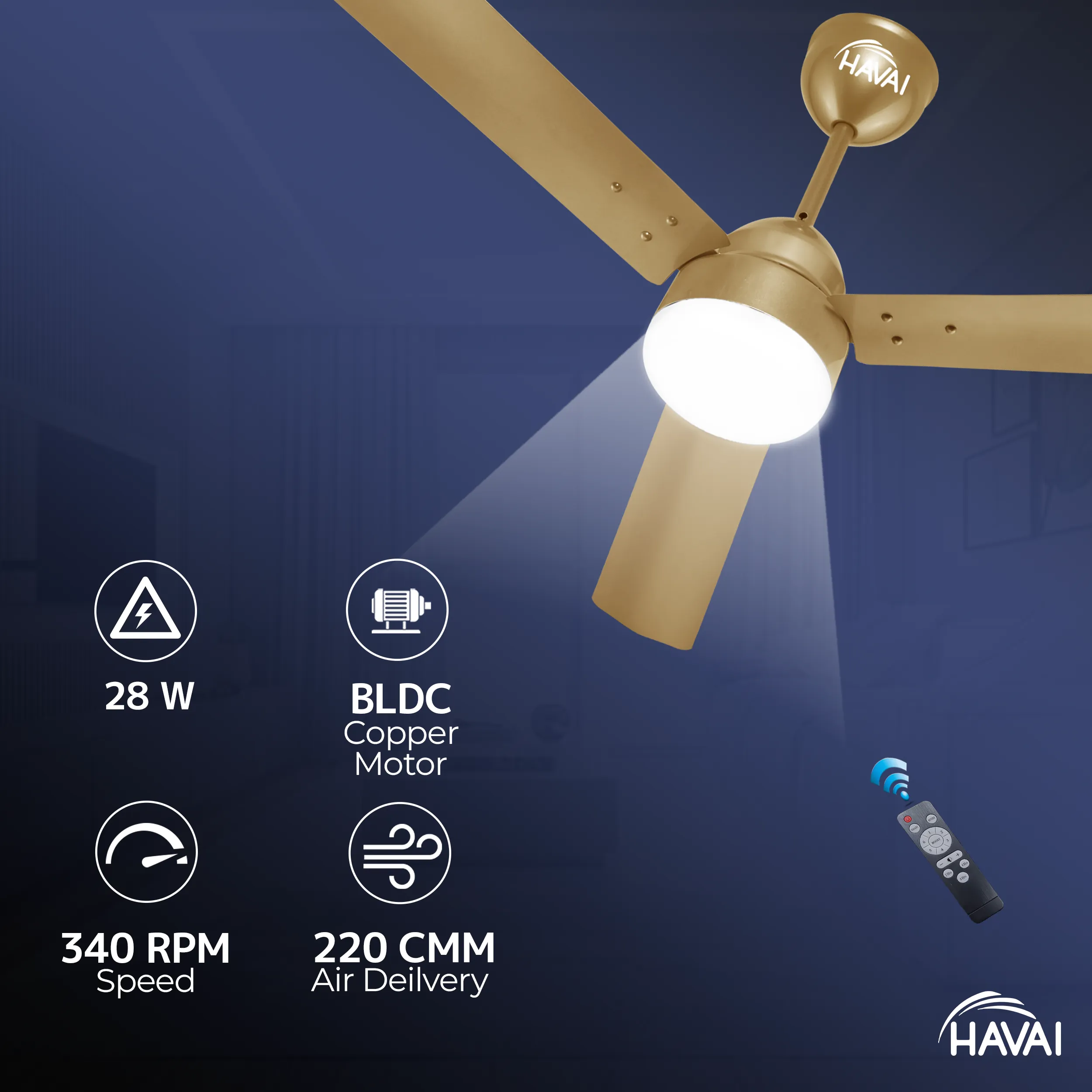 HAVAI Spinel BLDC Ceiling Fan 28W, 1200mm Blade with Remote - Champagne Yellow,9W LED Light