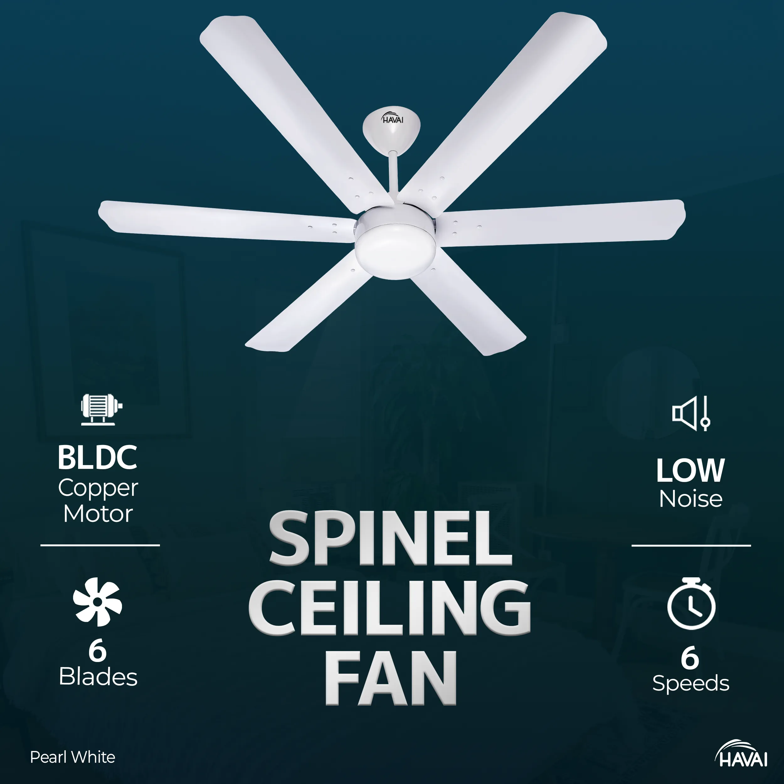 HAVAI Spinel BLDC Ceiling Fan 35W, 1200mm Blade with Remote - Pearl White,0.5W LED Light