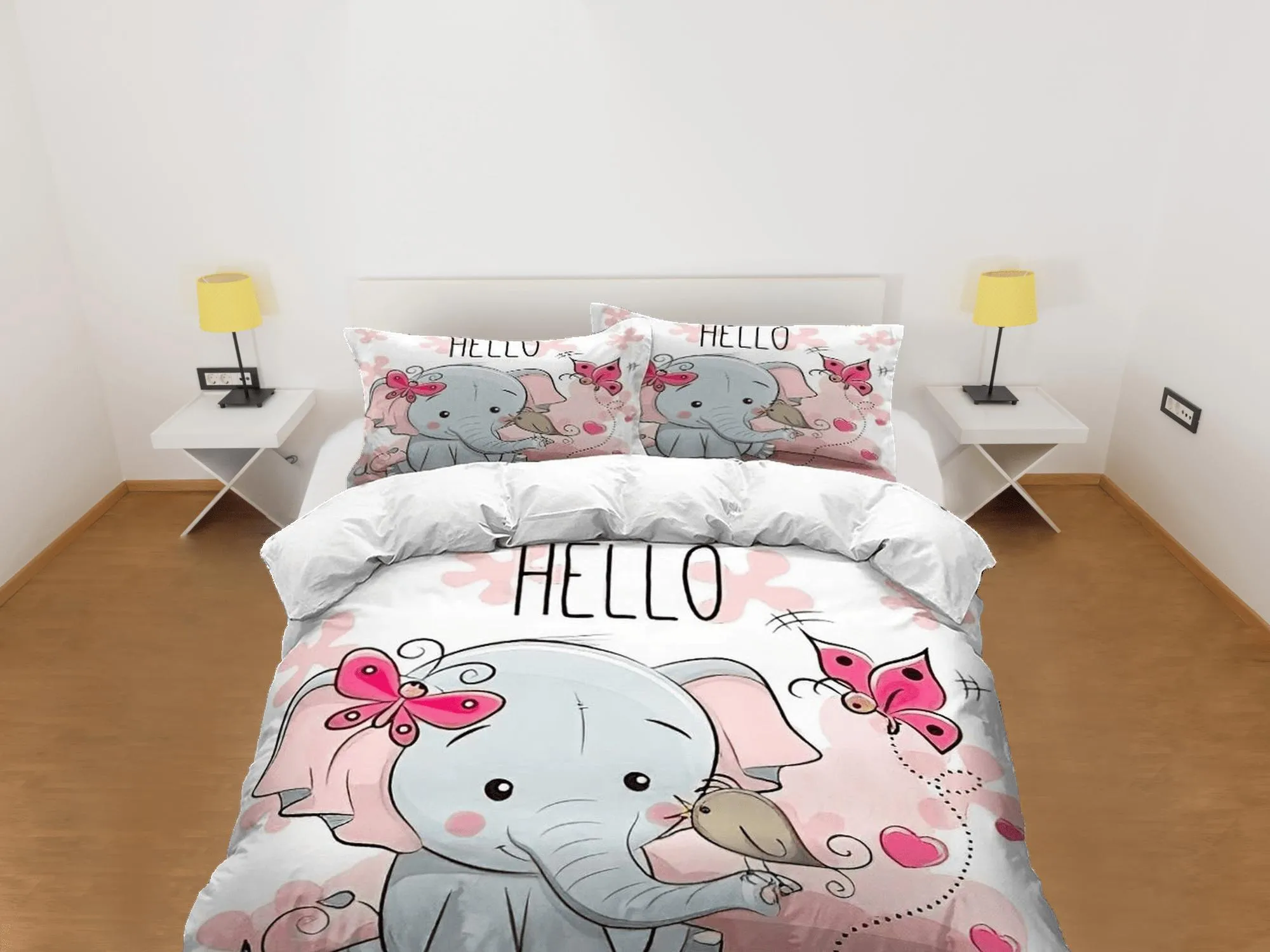 Hello elephant bedding cute duvet cover set, kids bedding full, nursery bed decor, elephant baby shower, girl toddler bedding