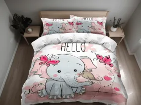 Hello elephant bedding cute duvet cover set, kids bedding full, nursery bed decor, elephant baby shower, girl toddler bedding