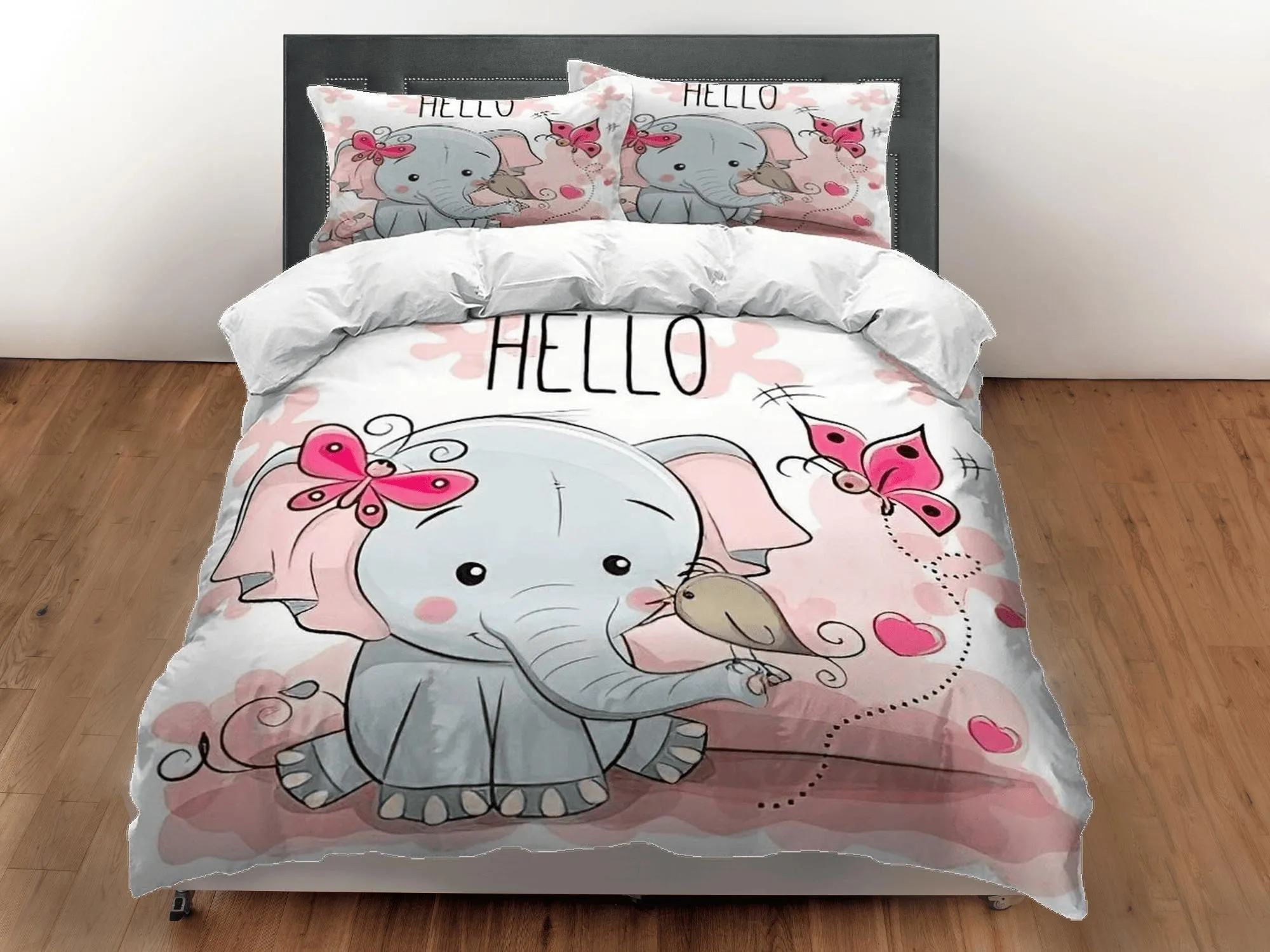 Hello elephant bedding cute duvet cover set, kids bedding full, nursery bed decor, elephant baby shower, girl toddler bedding