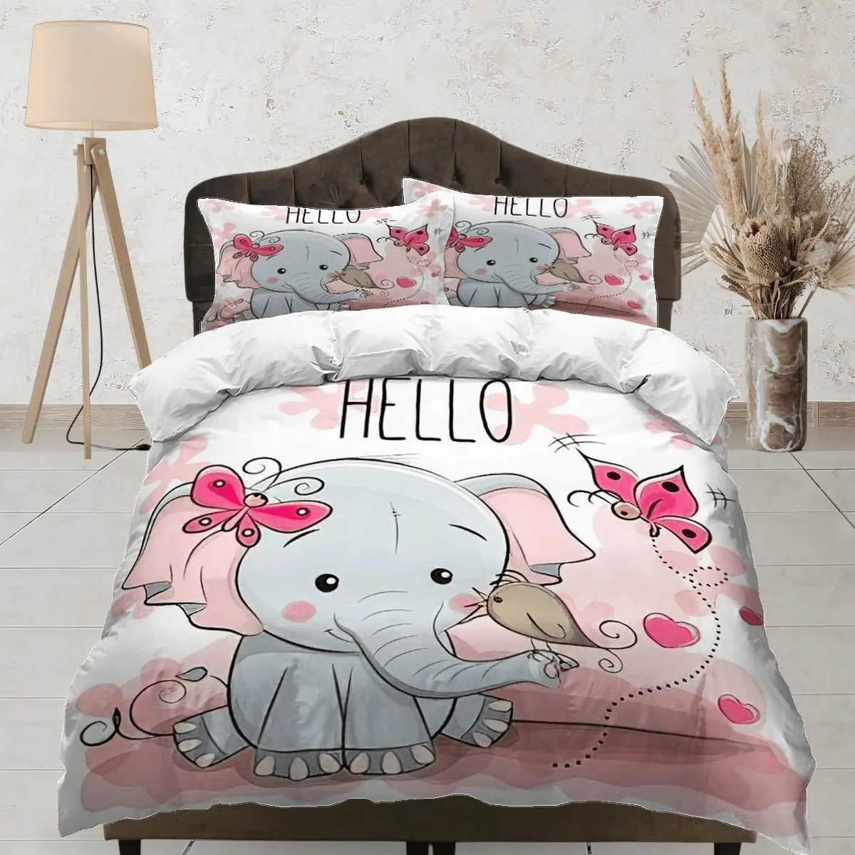 Hello elephant bedding cute duvet cover set, kids bedding full, nursery bed decor, elephant baby shower, girl toddler bedding