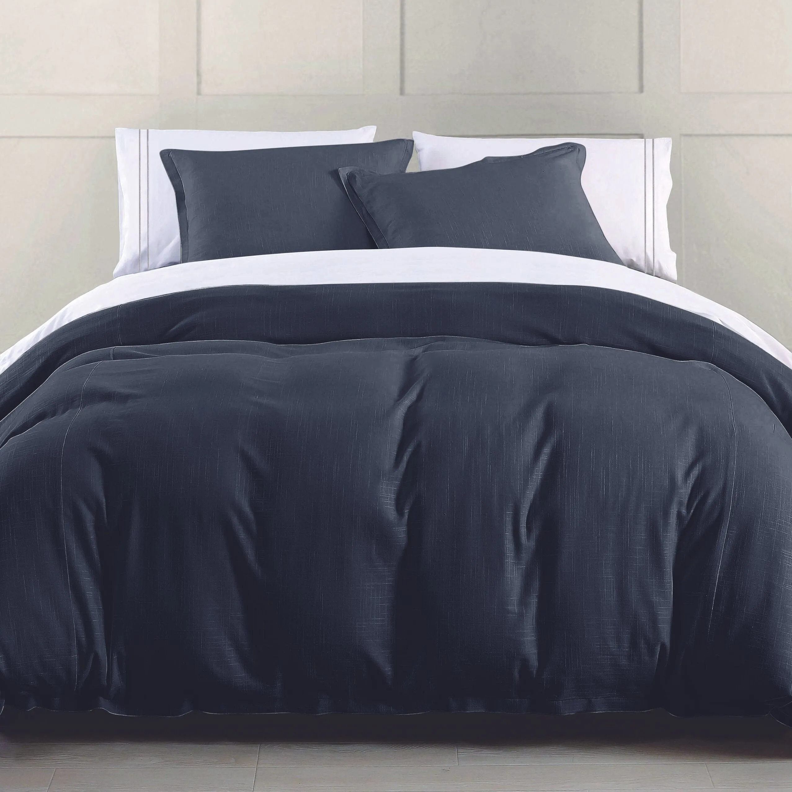 Hera Washed Linen Flange Duvet Cover, Super Queen, Navy