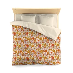 Hippie Flowers Duvet Cover, Groovy Floral Orange Microfiber Full Queen Twin Unique Vibrant Bed Cover Modern Home Bedding Bedroom Décor