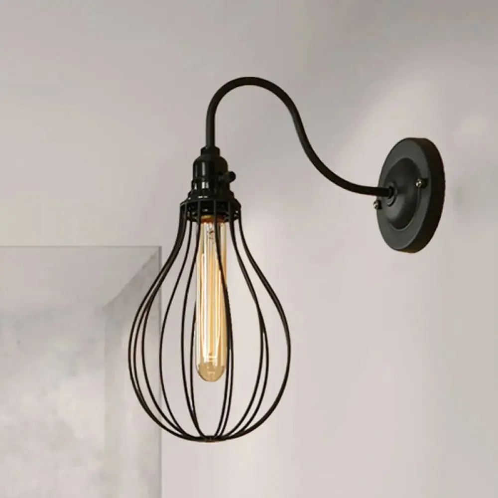 Industrial 1 Light Metallic Oval/Teardrop/Bulb Wall Lamp with Wire Guard in Black