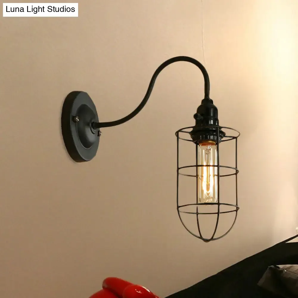 Industrial 1 Light Metallic Oval/Teardrop/Bulb Wall Lamp with Wire Guard in Black