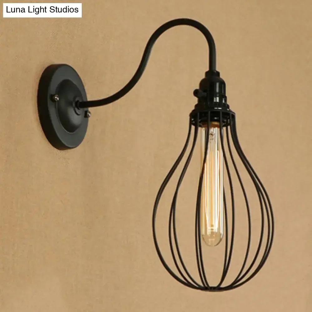 Industrial 1 Light Metallic Oval/Teardrop/Bulb Wall Lamp with Wire Guard in Black