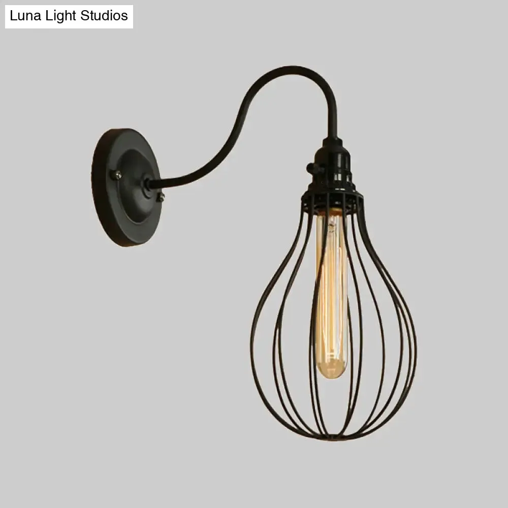 Industrial 1 Light Metallic Oval/Teardrop/Bulb Wall Lamp with Wire Guard in Black