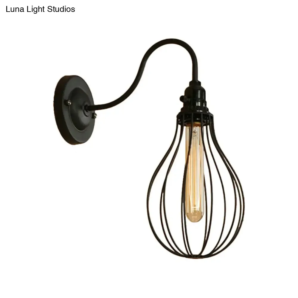 Industrial 1 Light Metallic Oval/Teardrop/Bulb Wall Lamp with Wire Guard in Black