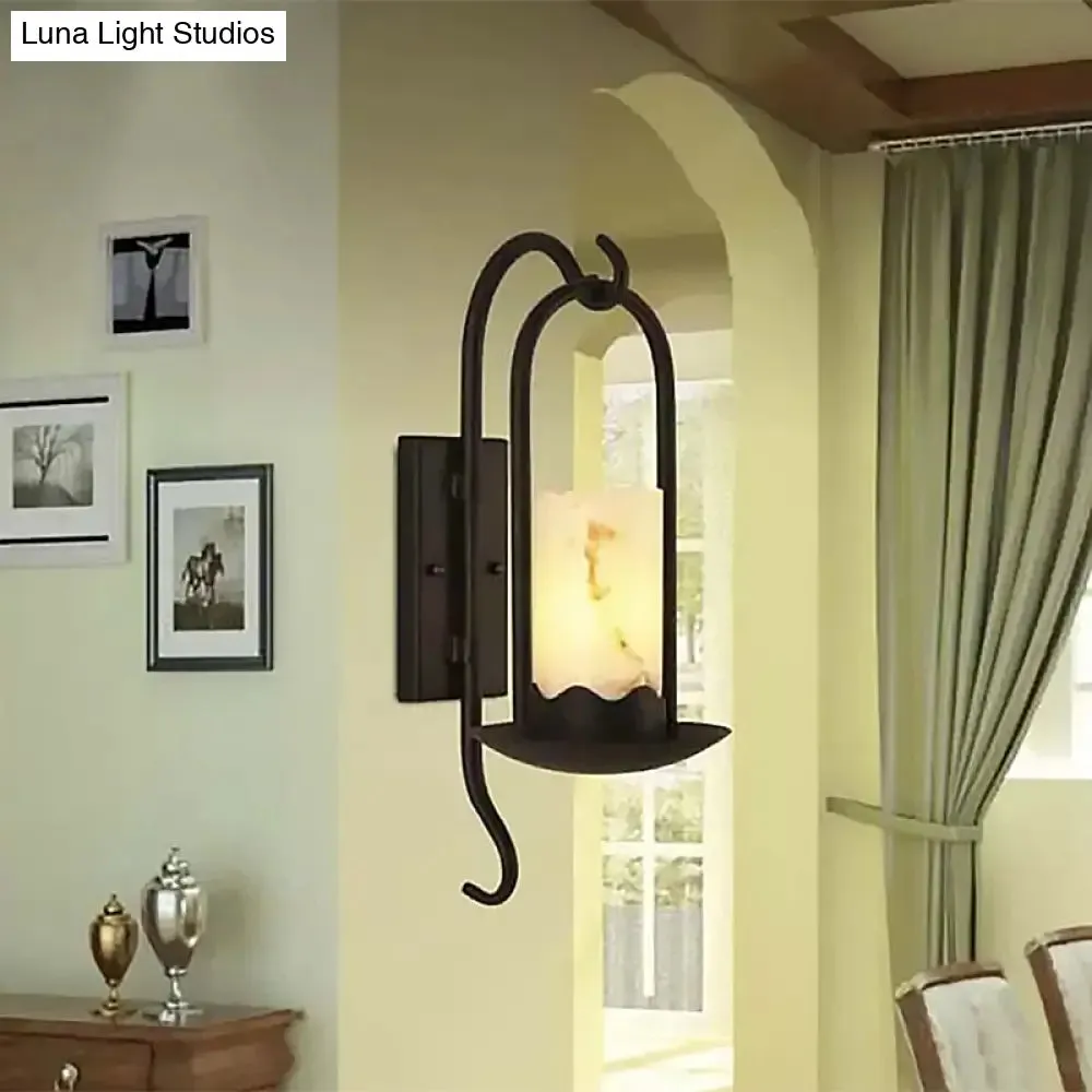 Industrial Black Marble Cylinder Wall Light: Single Bulb Living Room Sconce Lamp