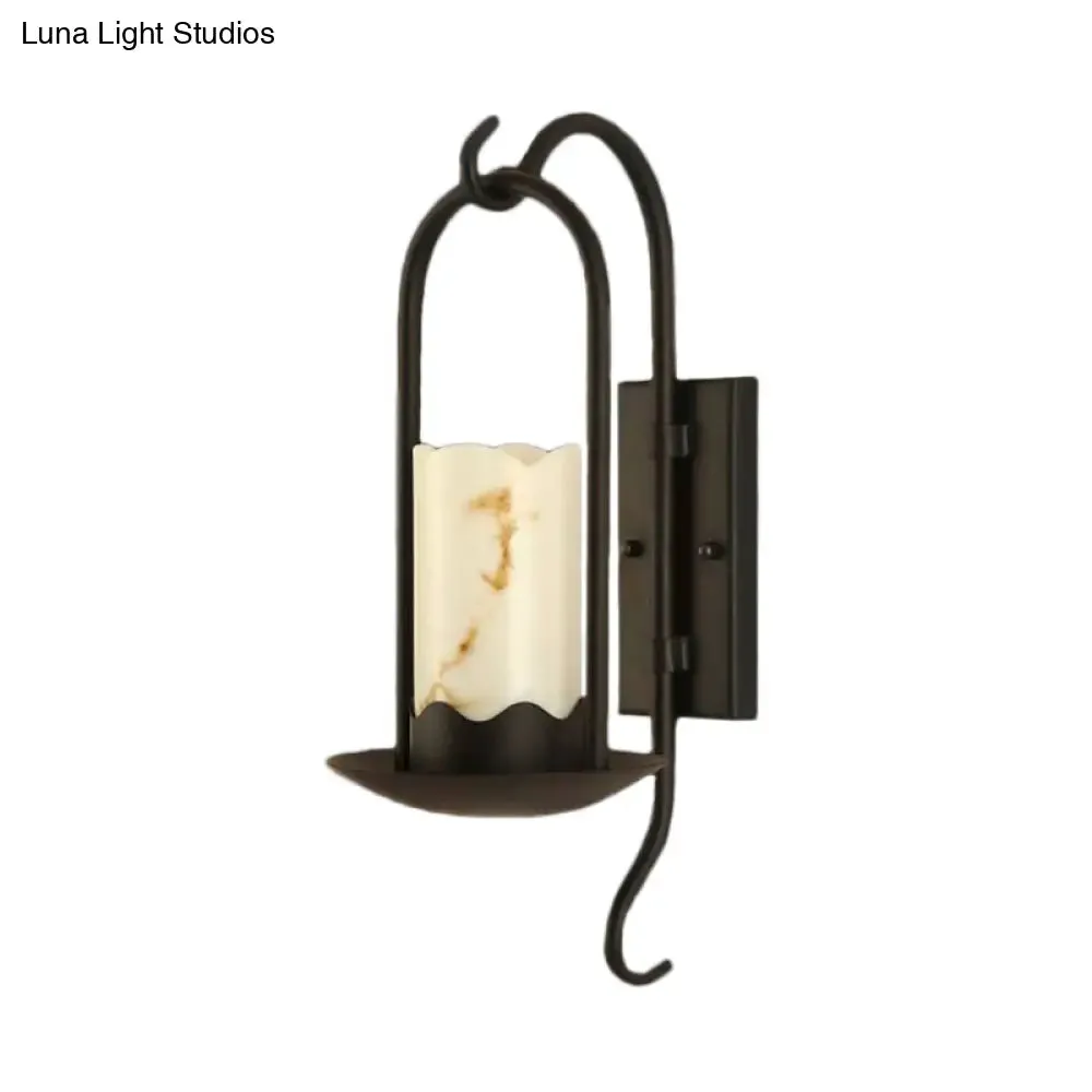 Industrial Black Marble Cylinder Wall Light: Single Bulb Living Room Sconce Lamp