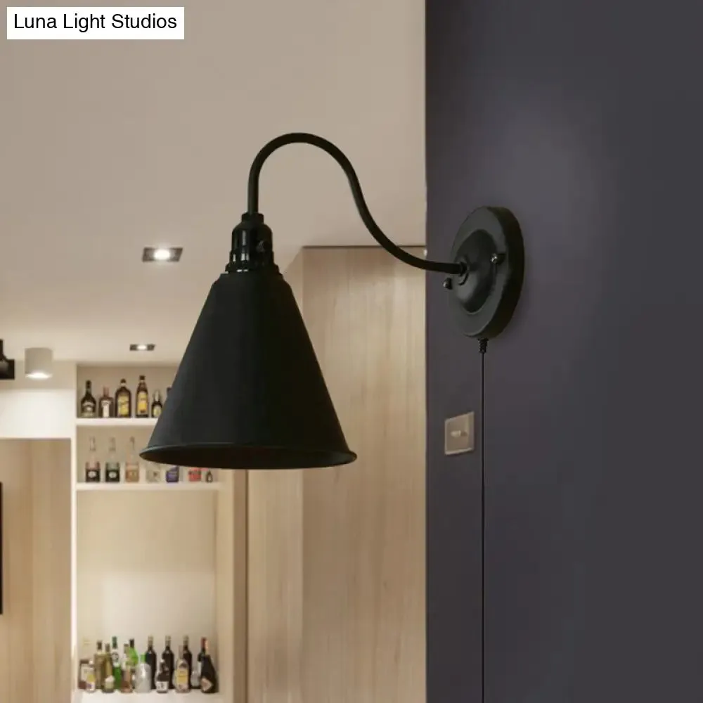 Industrial Black Metallic Wall Sconce with Plug-In Cord - Tapered Design, 1 Light - Ideal for Front Door