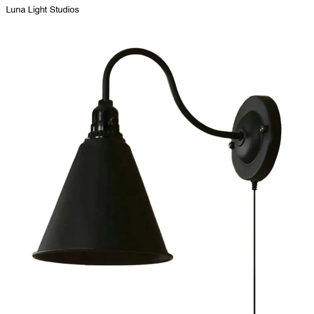 Industrial Black Metallic Wall Sconce with Plug-In Cord - Tapered Design, 1 Light - Ideal for Front Door