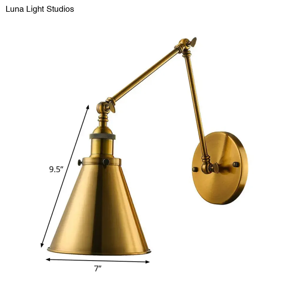 Industrial Brass Swing Arm Wall Lamp with Cone Shade for Studio Reading