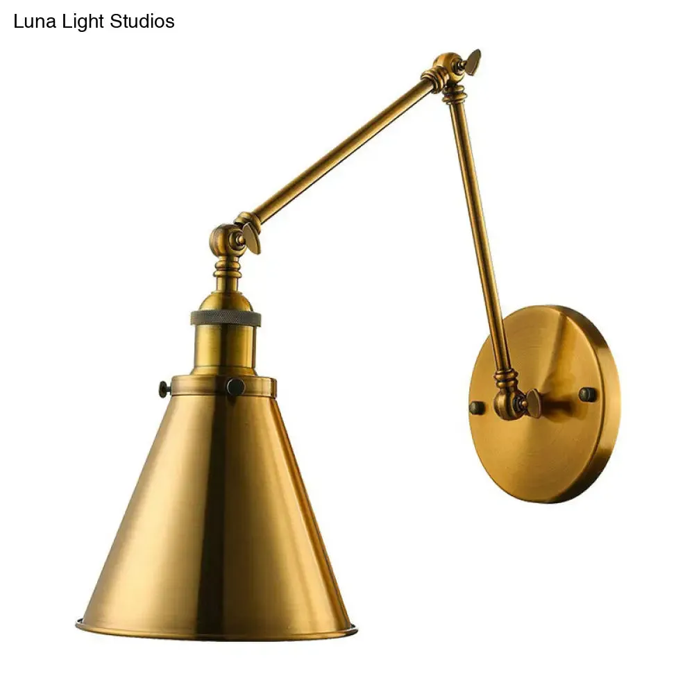 Industrial Brass Swing Arm Wall Lamp with Cone Shade for Studio Reading