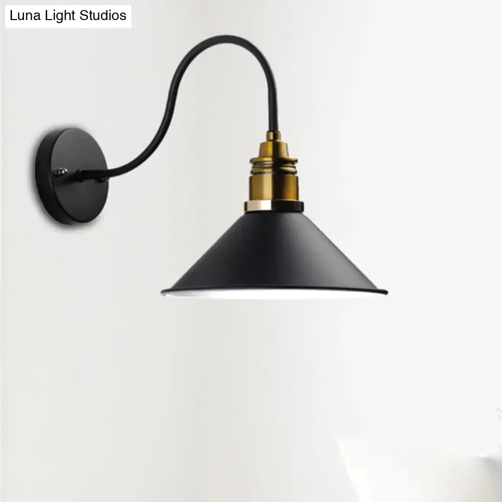 Industrial Metal Cone Pendant Light - Bronze/Black/White Hanging Lamp with Curved Arm