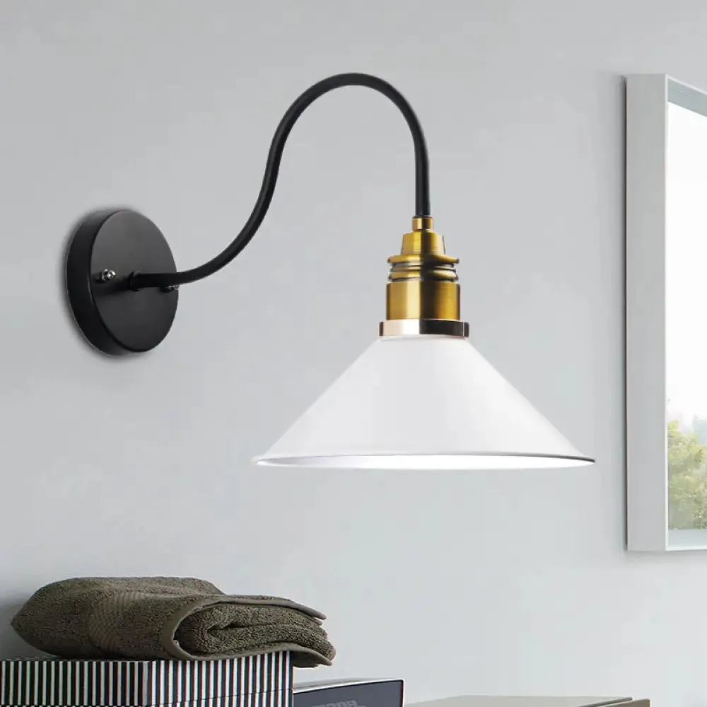 Industrial Metal Cone Pendant Light - Bronze/Black/White Hanging Lamp with Curved Arm