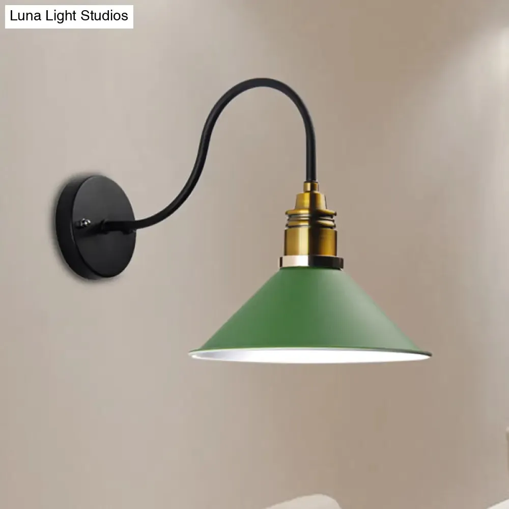 Industrial Metal Cone Pendant Light - Bronze/Black/White Hanging Lamp with Curved Arm