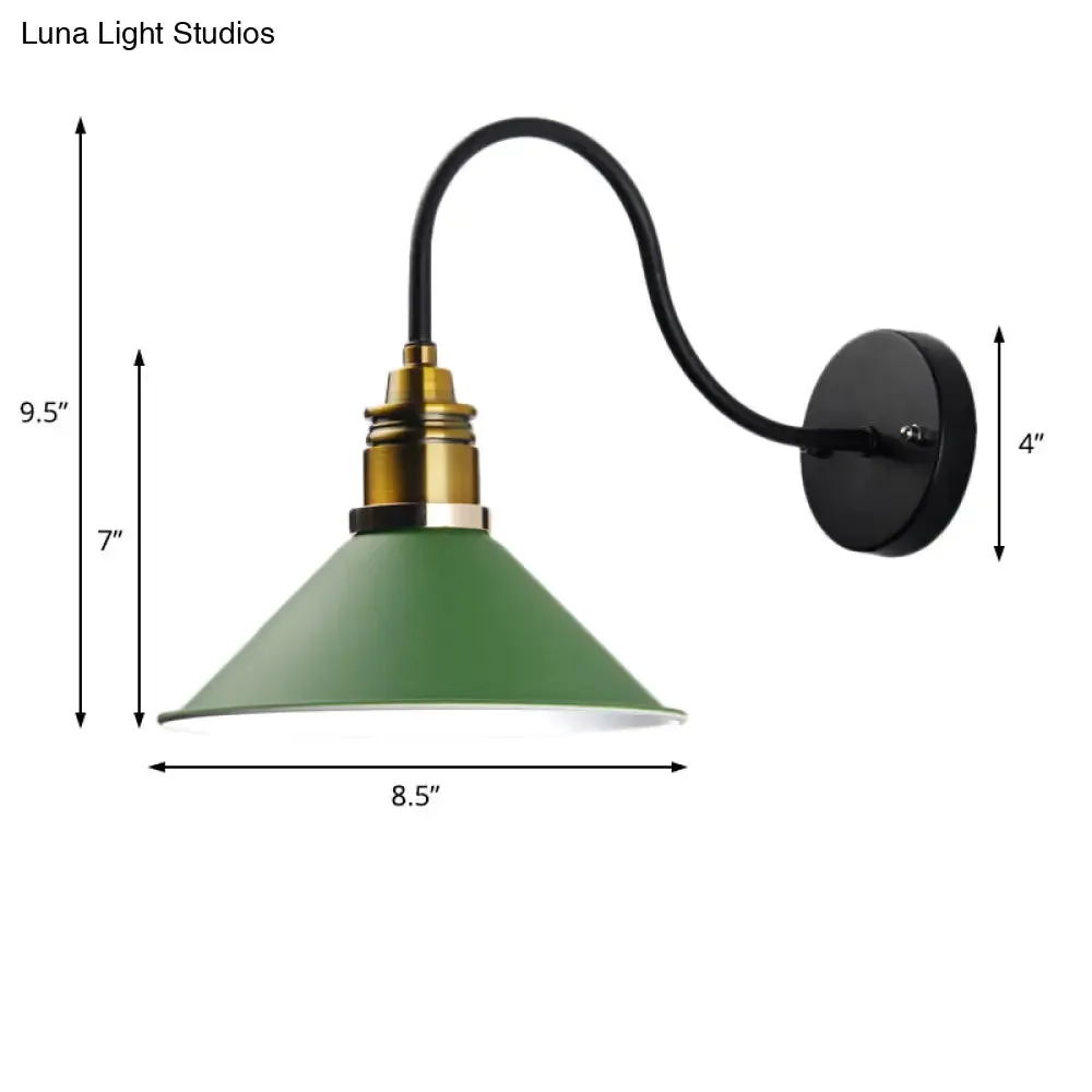 Industrial Metal Cone Pendant Light - Bronze/Black/White Hanging Lamp with Curved Arm