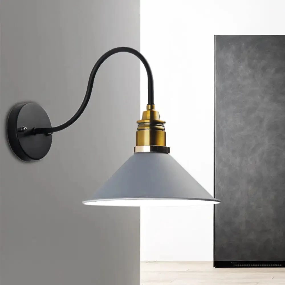 Industrial Metal Cone Pendant Light - Bronze/Black/White Hanging Lamp with Curved Arm