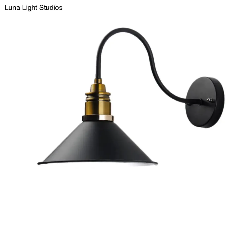 Industrial Metal Cone Pendant Light - Bronze/Black/White Hanging Lamp with Curved Arm